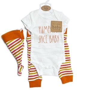 Rae Dunn Pumpkin Spice Baby 3 Piece Infant Onesie and Pants Set Size 3-6…